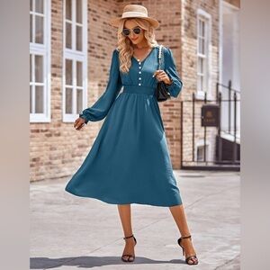 NEW Cobalt Blue Smocked Waist Long Puff Sleeve MIDI Dress